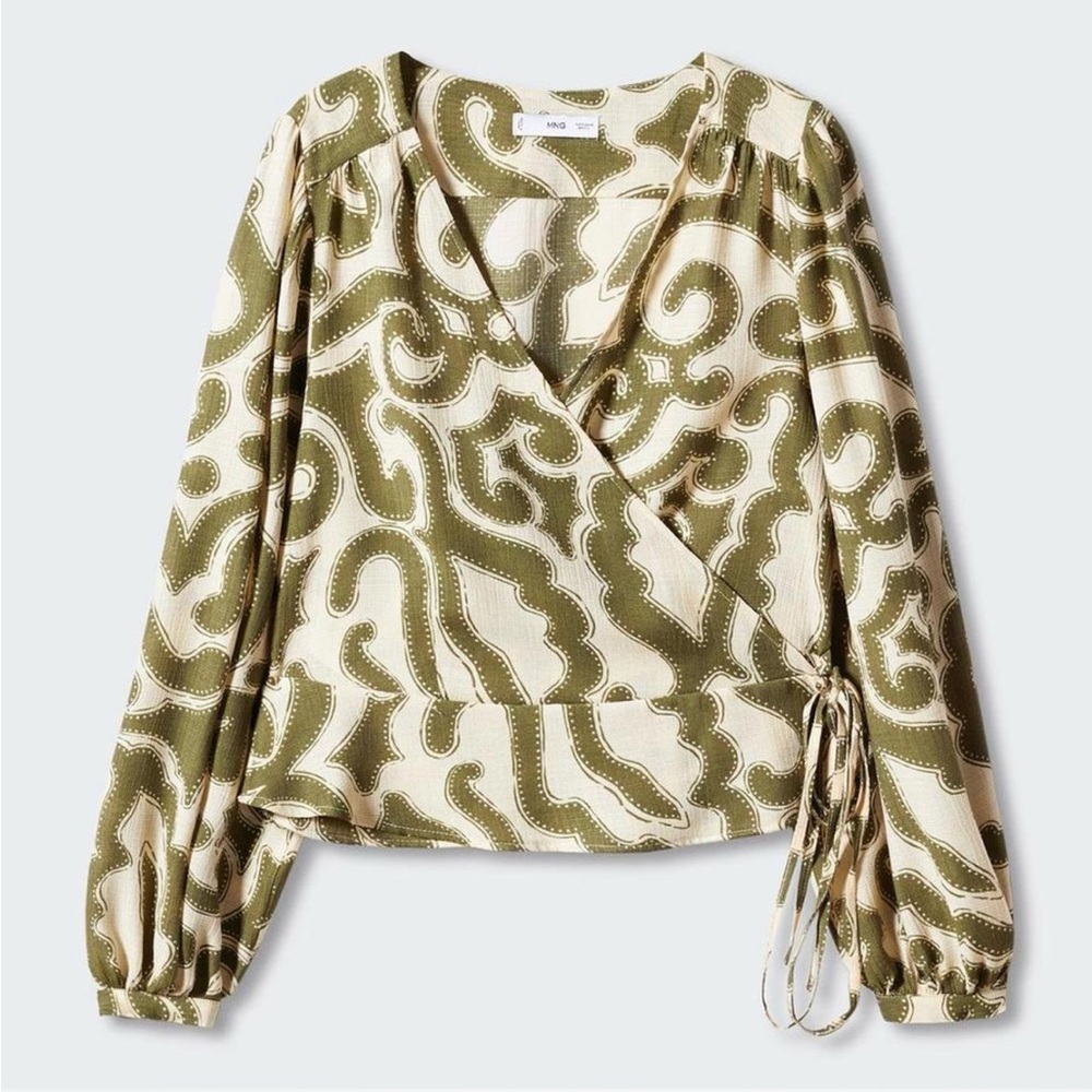 Mango Olive and Cream Wrap Blouse